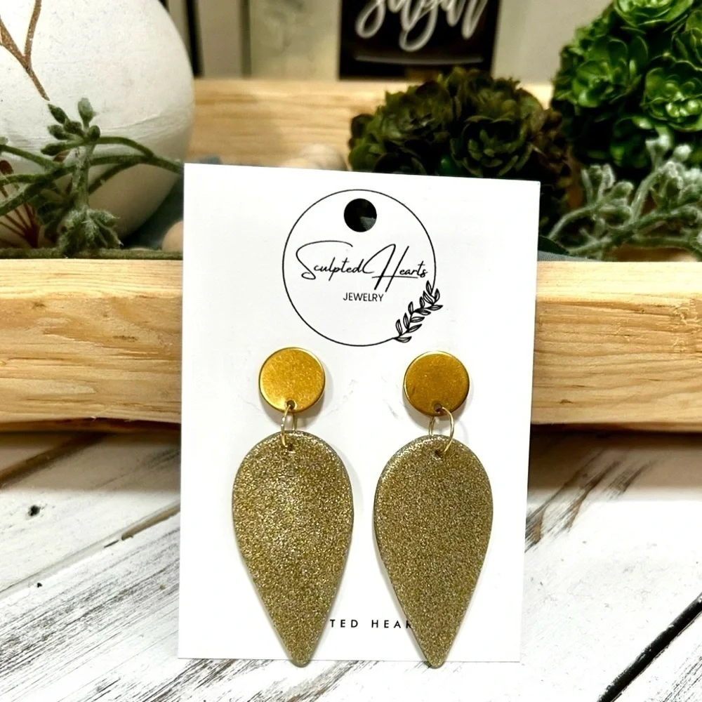 Sculpted Hearts Handmade Gold Polymer Clay Dangle Earrings. New